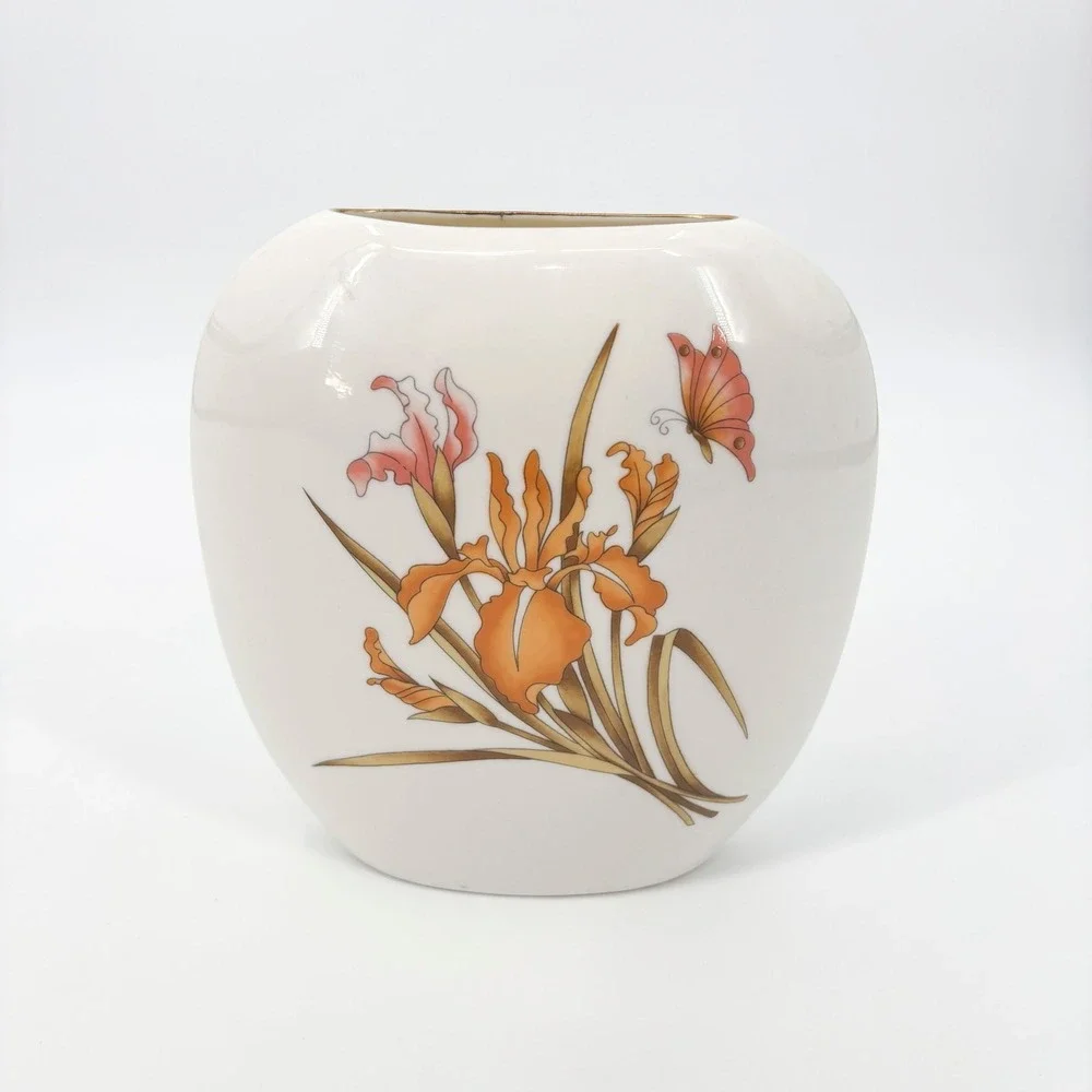 Vintage Floral Ginger Jar Vase – Creamy White with Orchid, Butterfly, Gold Trim